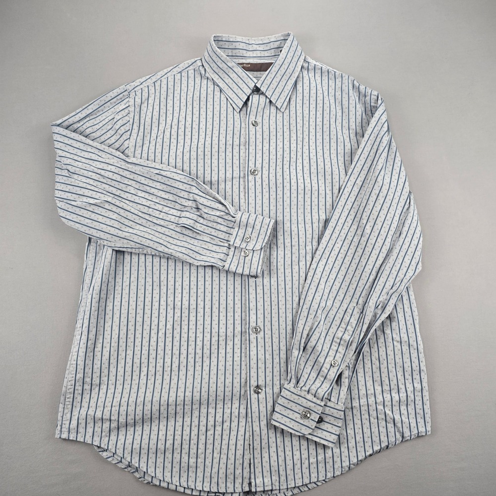 Perry Ellis Mens Large Blue White Striped Diamond Print Cotton Button Down Shirt
